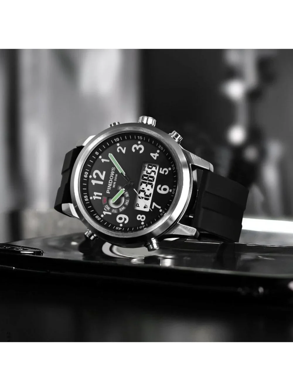 Men's Black Silver Analog Waterproof Military Multifunctional LED Digital Watch